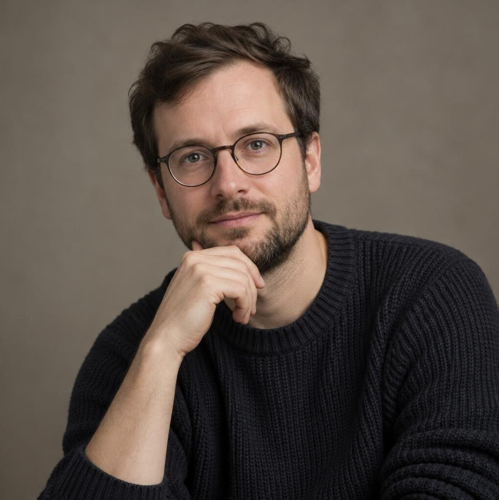 Portrait of a bearded man in his thirties wearing glasses and a dark sweater