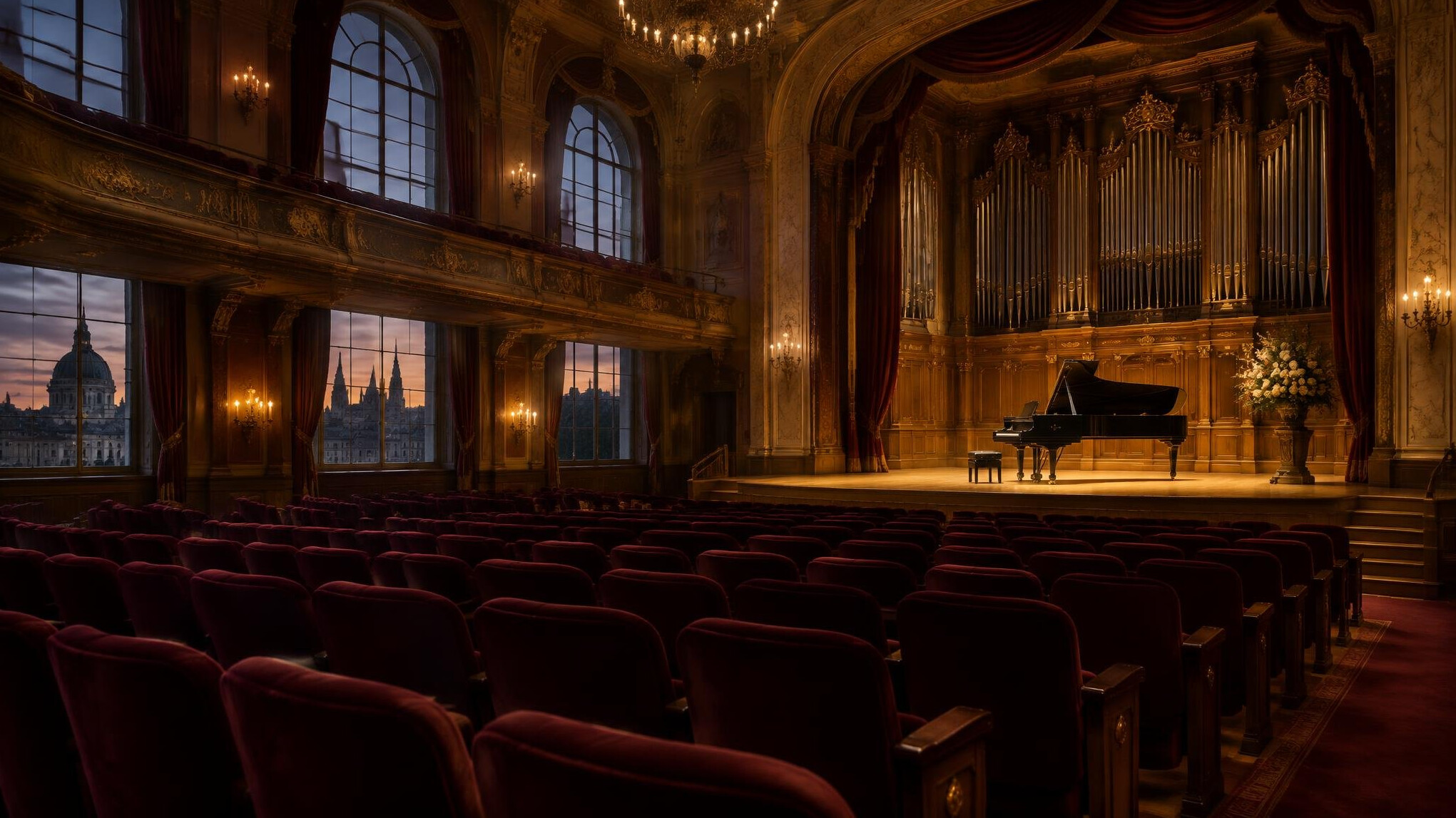 Empty historic concert hall with warm stage light and velvet seats