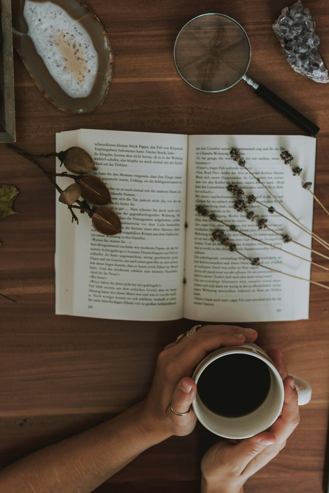 Overhead view of a researcher's wooden desk with notebooks, coffee cup and books
